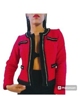 Chico's Red Tweed Jacket Chain Trim Size XS